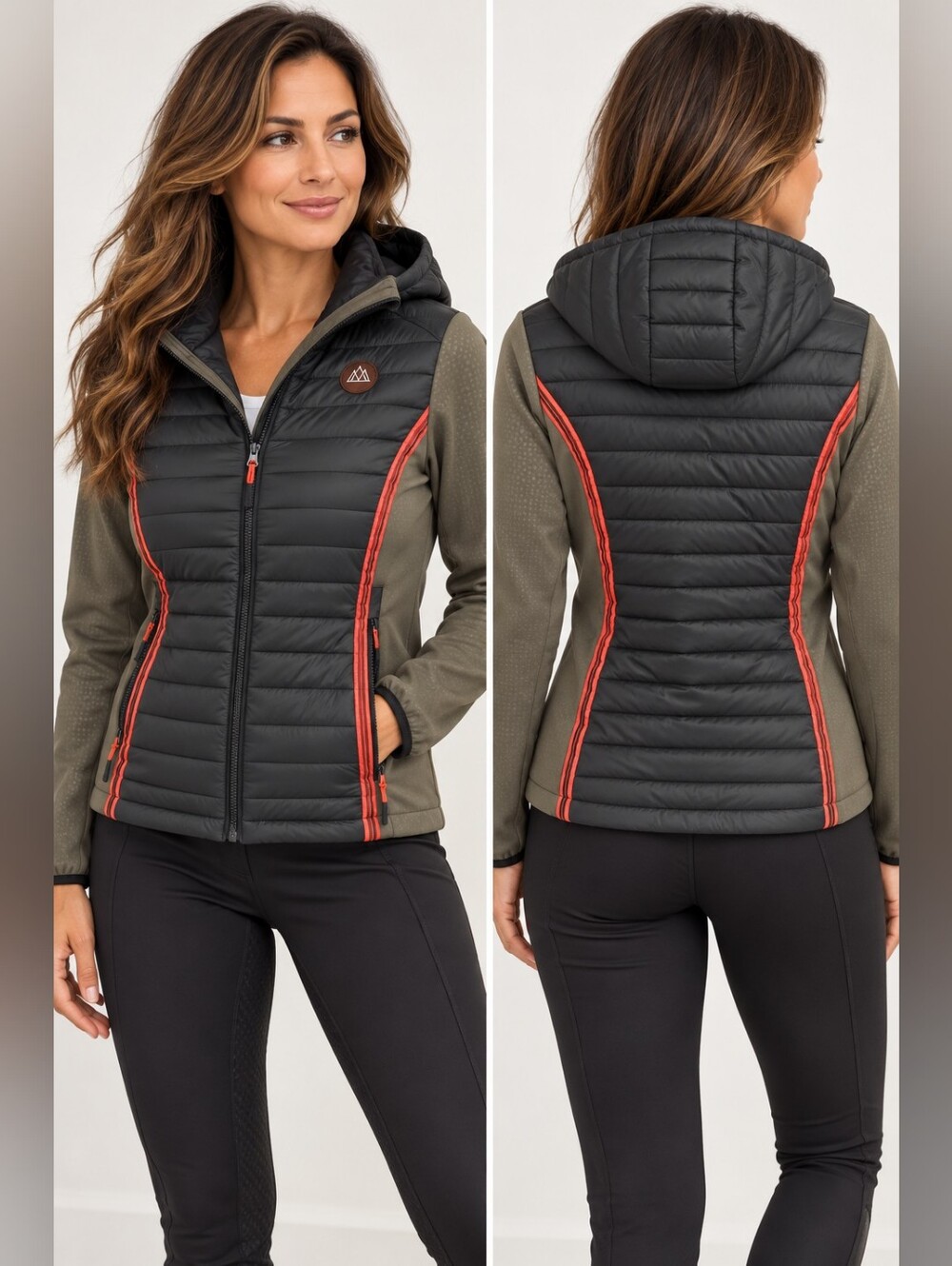 Kids Quilted Hooded Jacket - Black & Olive with Orange Trim